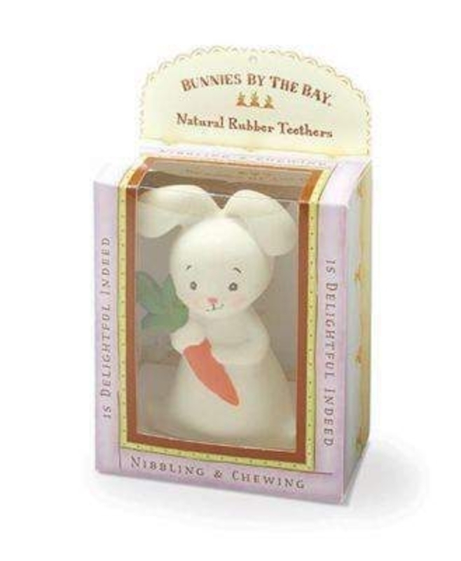 Bud Bunny Rabbit Teether by Deva Designs. Part of the Bunnies by the Bay Range distributed by Deva Designs. All Natural Rubber, Hand painted with food safe paint, Non Toxic, BPA and Phthalate free, Easy to grasp and hold, Squeaks when squeeze, Easy to c